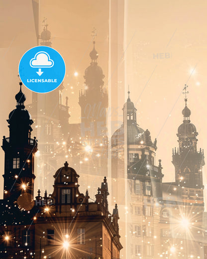 Braunschweig Skyline Silhouette Art: Beige, Backlights, Sparkles - A building with towers and lights