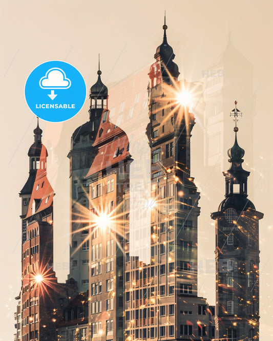 Braunschweig Skyline Poster with Subtle Backlights - A group of buildings with a light shining through them