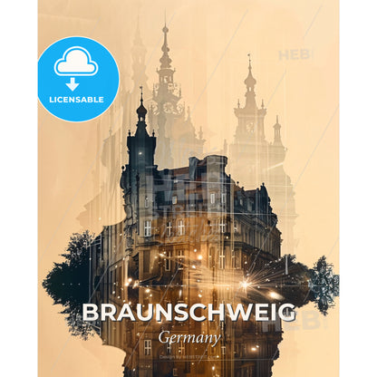Braunschweig Skyline Silhouette Art Poster - A building with towers and lights - Square format print template
