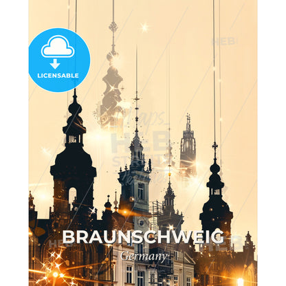 Braunschweig Double Exposure Cityscape Art Poster - A group of buildings with towers and spires - Square format print template