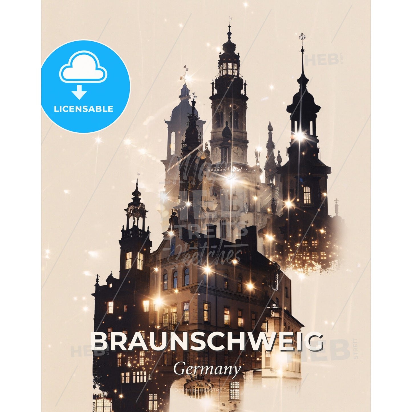 Braunschweig City Skyline Minimalist Poster Art - A building with towers and a tower with a building in the background - Square format print template