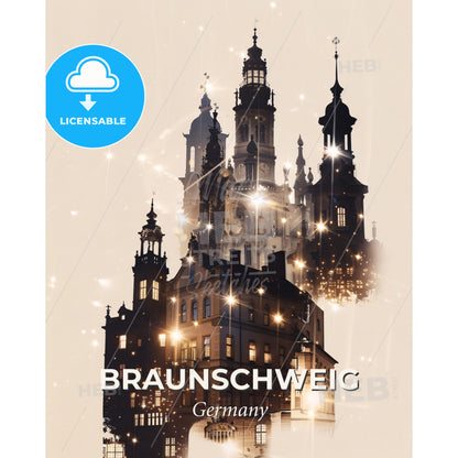 Braunschweig City Skyline Minimalist Poster Art - A building with towers and a tower with a building in the background - Square format print template