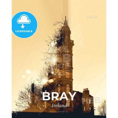 Bray, Ireland: Skyline Silhouette Poster with Sparkles - A building with a tower - Square format print template