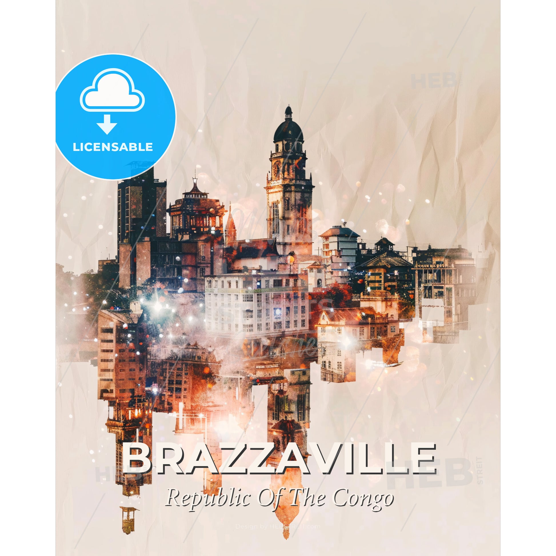 Brazzaville Skyline Double Exposure Art Poster - A city with many buildings - Square format print template