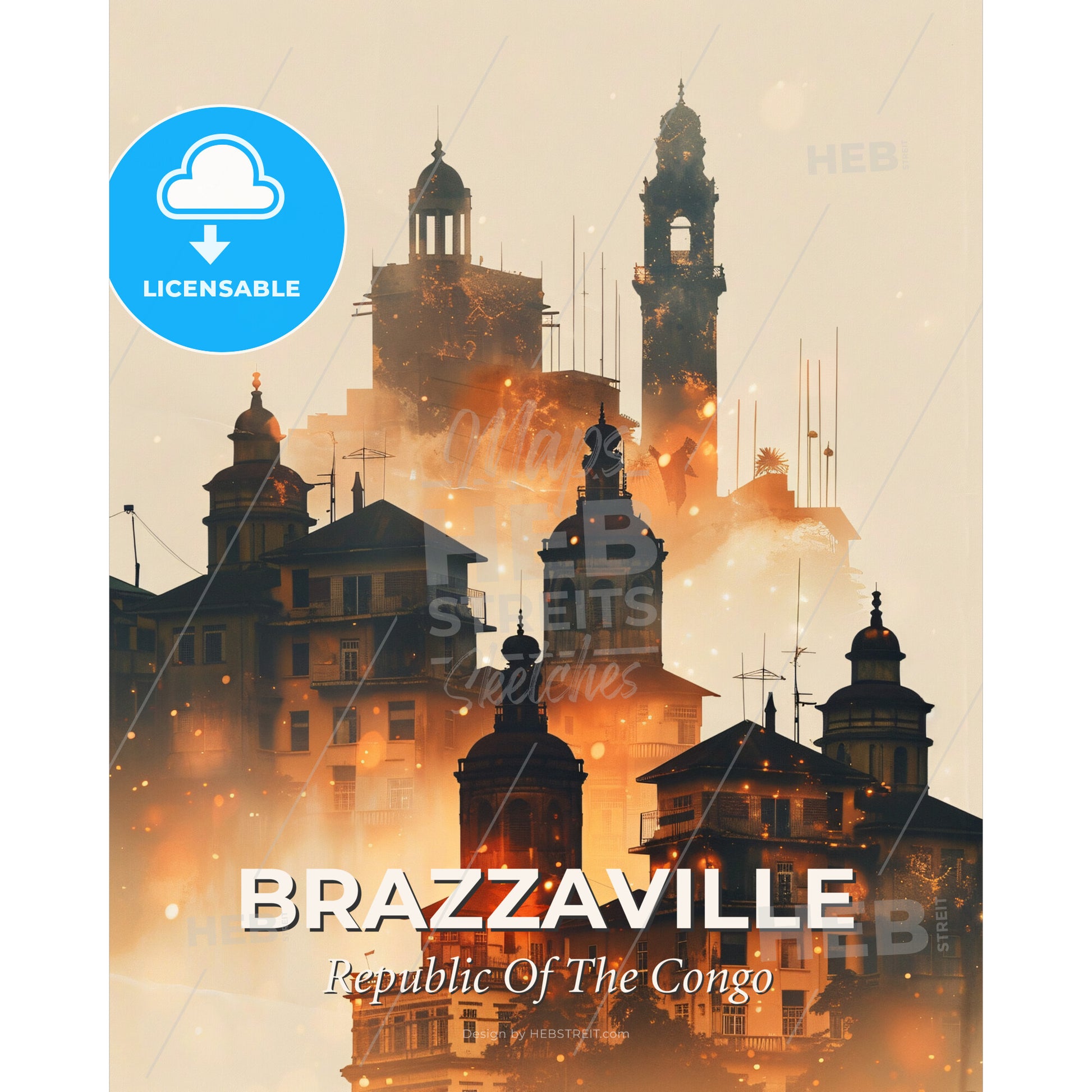 Brazzaville City Lights Skyline Composite - A group of buildings with smoke and smoke - Square format print template