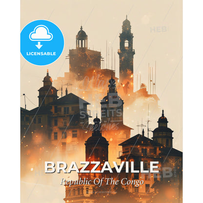 Brazzaville City Lights Skyline Composite - A group of buildings with smoke and smoke - Square format print template