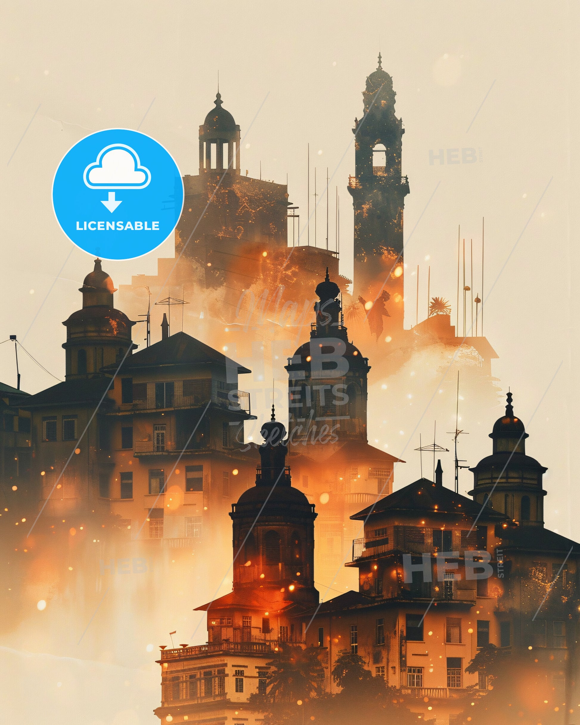 Brazzaville City Lights Skyline Composite - A group of buildings with smoke and smoke