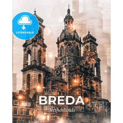 Breda City Composite Art: Beige Paper Backdrop - A large building with towers and a clock on top - Square format print template
