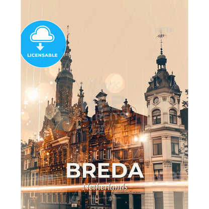 Breda Skyline Composite Art Poster with Sparkle Accents - A group of buildings with a tower - Square format print template