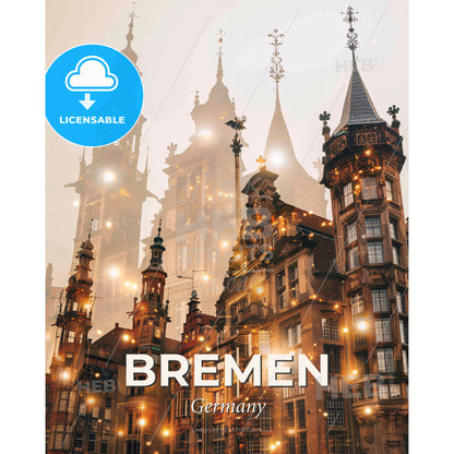 Bremen Skyline Art Deco Poster - A building with towers and lights - Square format print template
