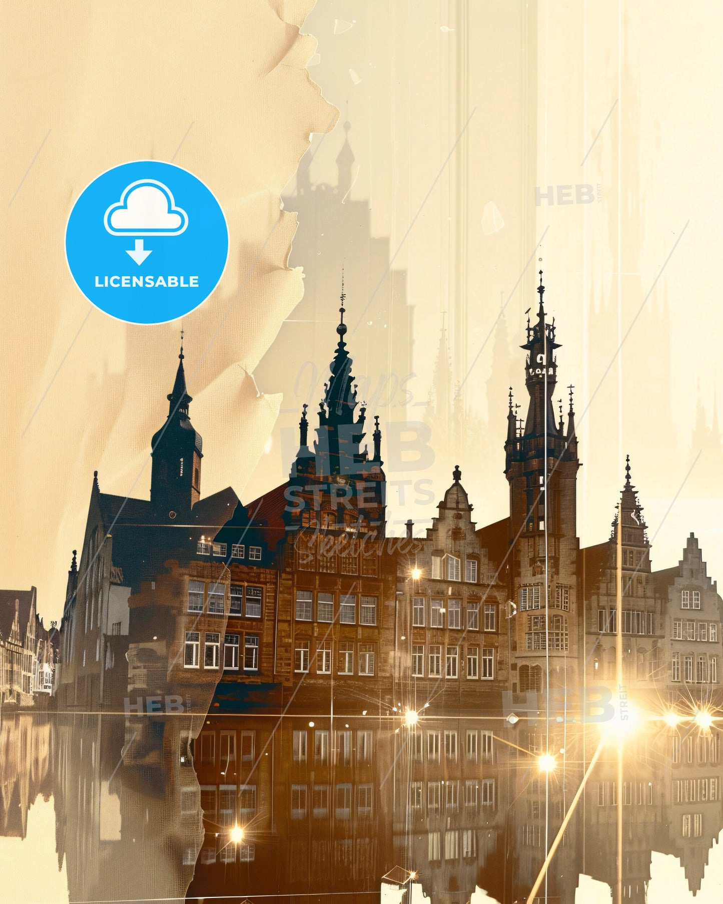 Bremen Skyline Double Exposure Composite Artwork - A building with towers and a bridge