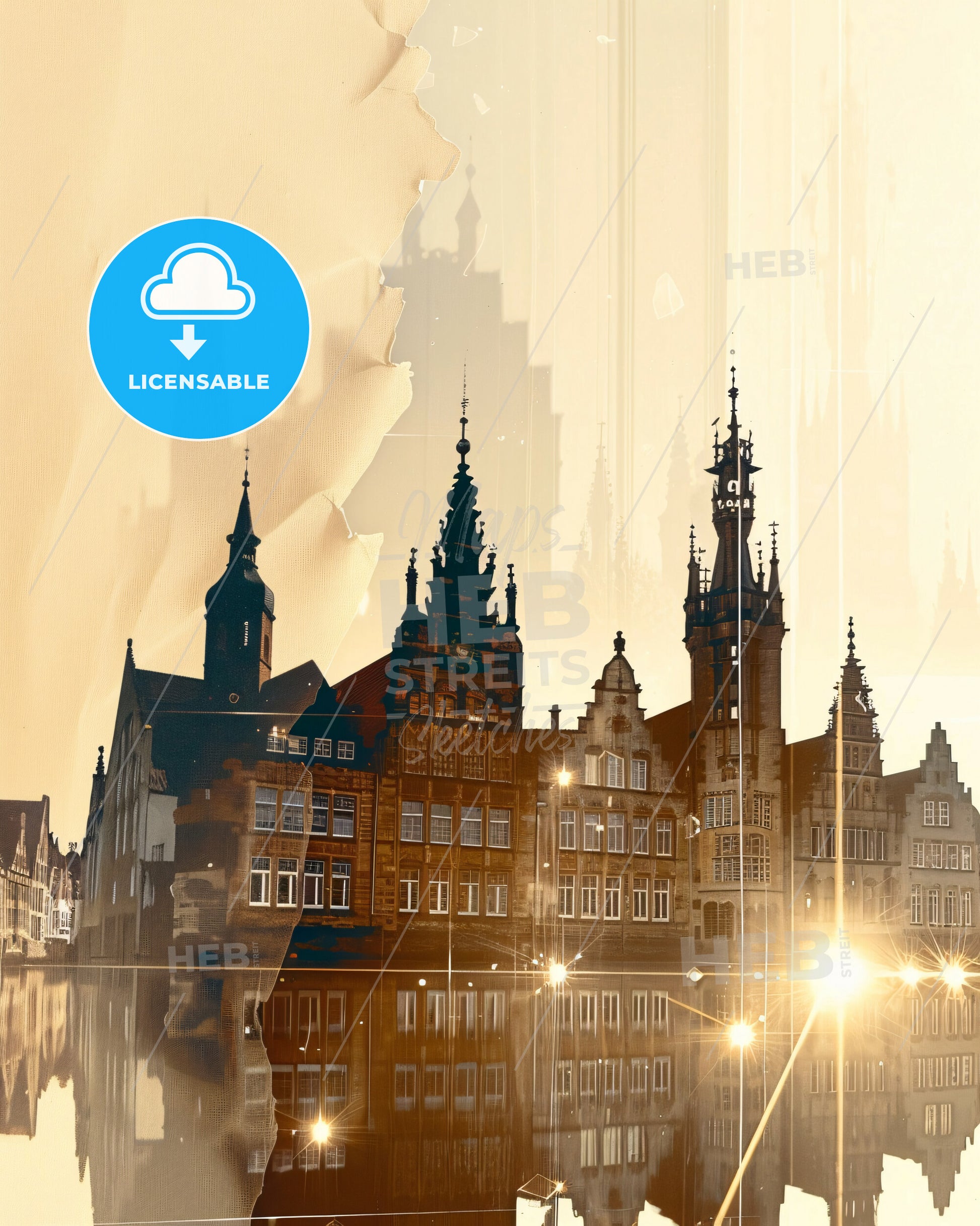 Bremen Skyline Double Exposure Composite Artwork - A building with towers and a bridge