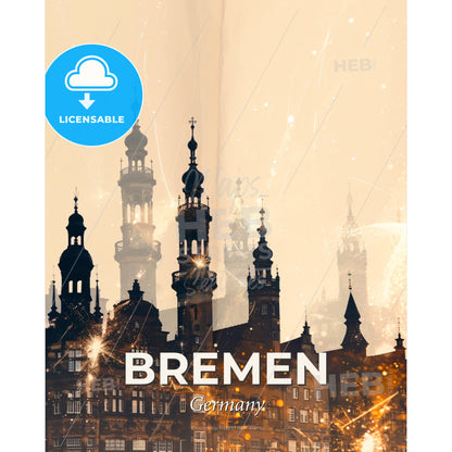 Bremen Skyline Double Exposure Composite Art Poster - A city with many towers - Square format print template