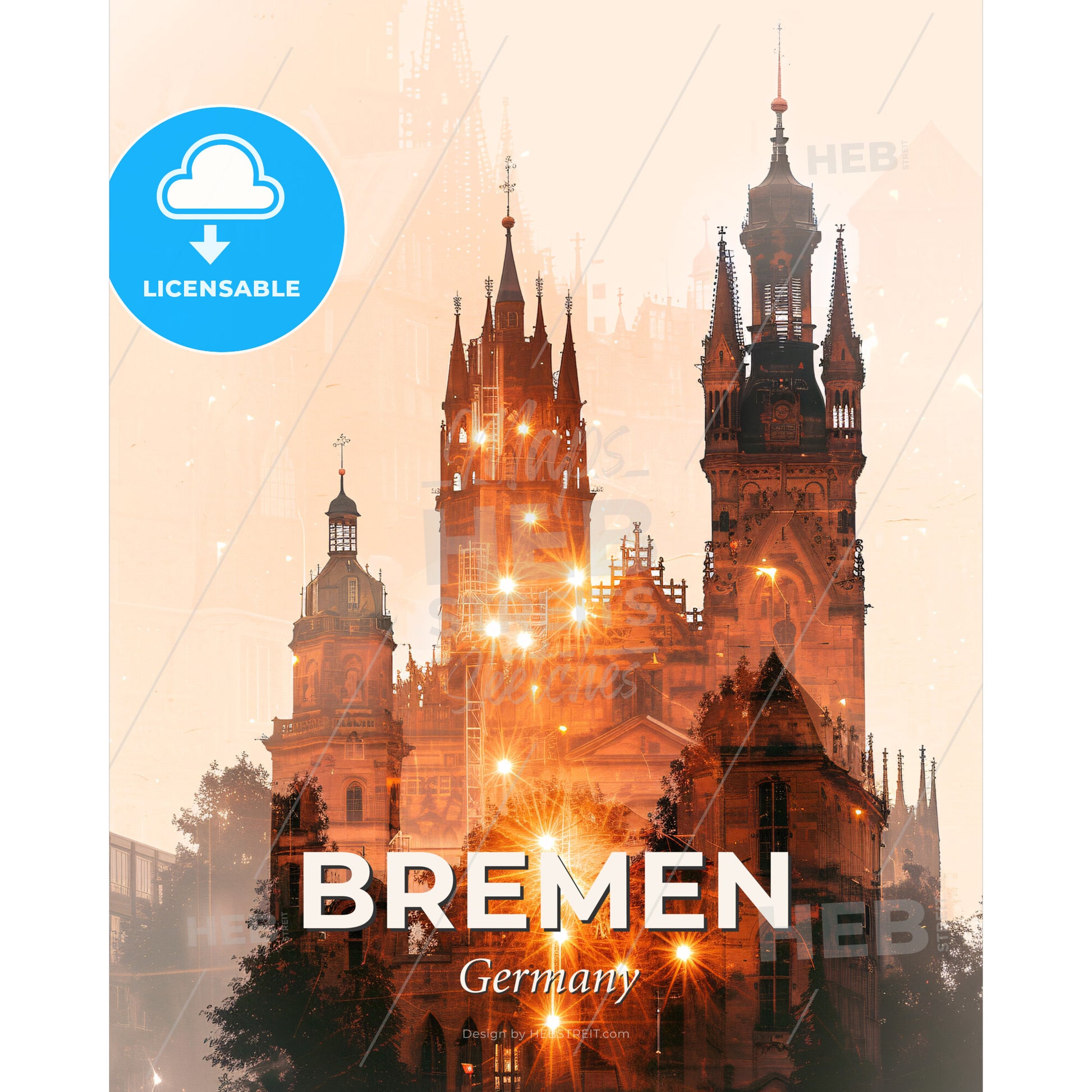 Bremen Skyline Dreamy Pastel Contrast - A large building with towers and spires - Square format print template