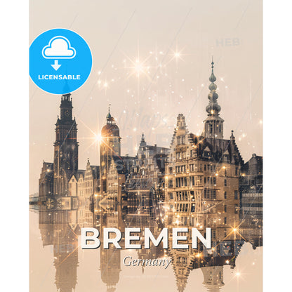 Bremen Skyline Double Exposure Poster with Sparkles - A city with many buildings and stars - Square format print template