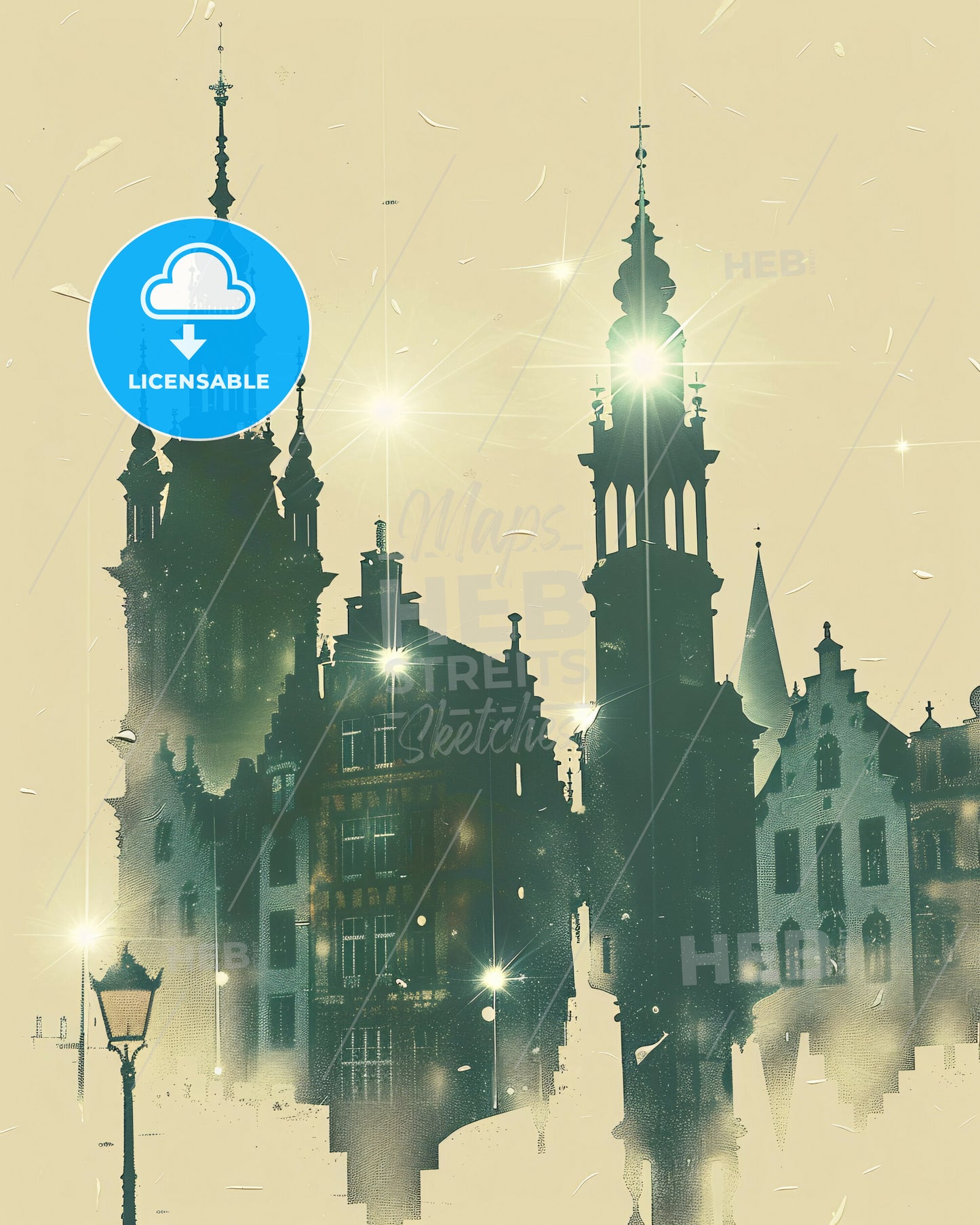 Bremen Skyline Poster Vivid Moments Unique Beige - A group of buildings with towers and lights