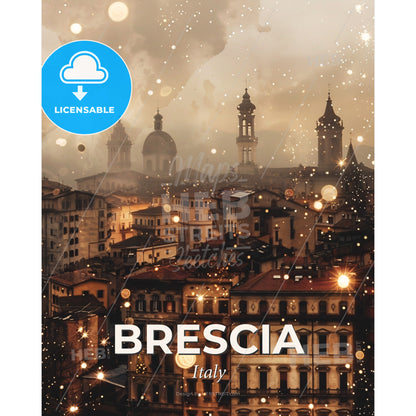 Brescia Skyline Art Deco Poster Design - A city with many buildings and lights - Square format print template