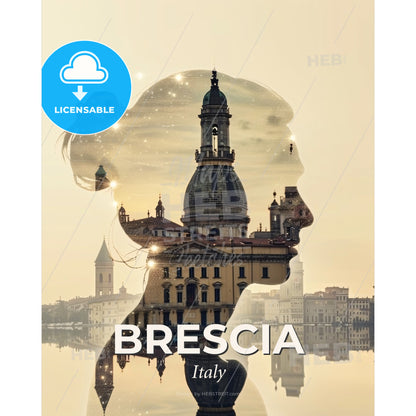 Brescia Cityscape: Timeless Architecture in Beige - A double exposure of a woman's head and a building - Square format print template