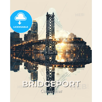 Bridgeport Cityscape Sparkles and Local Icons - A bridge over water with lights - Square format print template