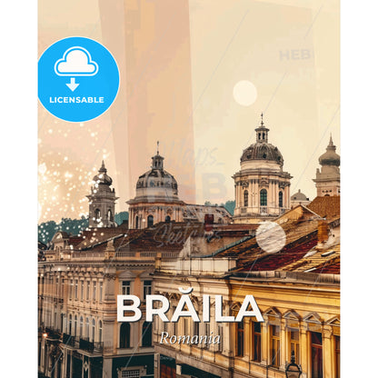 Brăila Poster Skyline Local Colors Bright Beige - A group of buildings with domes and roofs - Square format print template