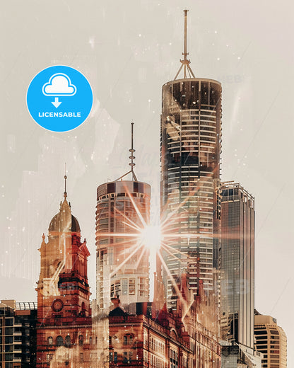 Brisbane Skyline: Iconic Architecture, Radiant Canvas - A sun shining through a city