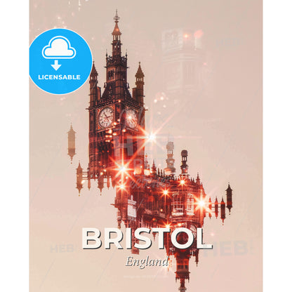 Bristol City Skyline Double Exposure Sunset Poster - A clock tower with lights - Square format print template