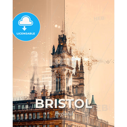 Bristol City Skyline Poster Art with Architecture Icons - A clock tower on a building - Square format print template