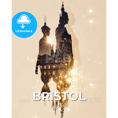 Bristol: Colorful Skyline Panorama City Architecture Composite Art - A double exposure of a couple of people - Square format print template