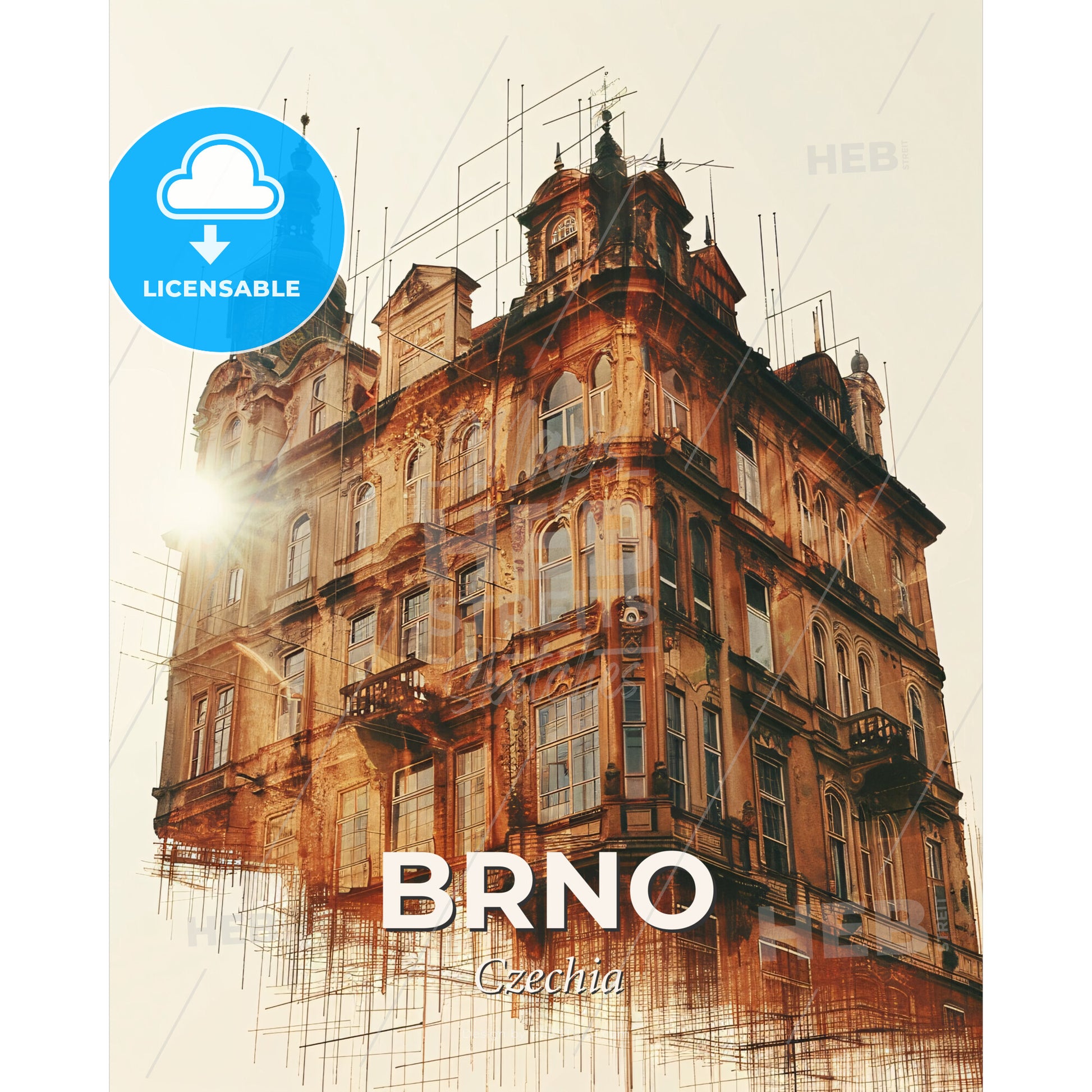Brno Skyline Double Exposure Composite Poster Art - A building with many windows - Square format print template