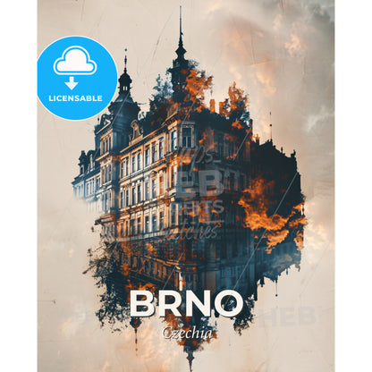 Brno Skyline Double Exposure Cityscape Poster Art - A building with a reflection of trees and clouds - Square format print template