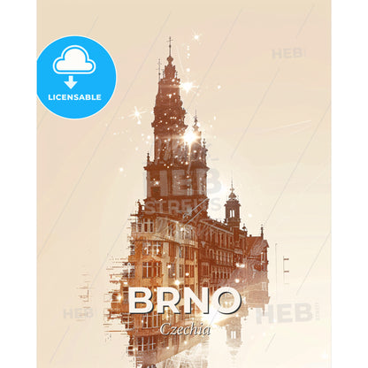 Brno, Czechia Skyline Silhouette Poster with Bright Accents - A building with a tower - Square format print template