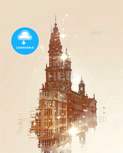 Brno, Czechia Skyline Silhouette Poster with Bright Accents - A building with a tower