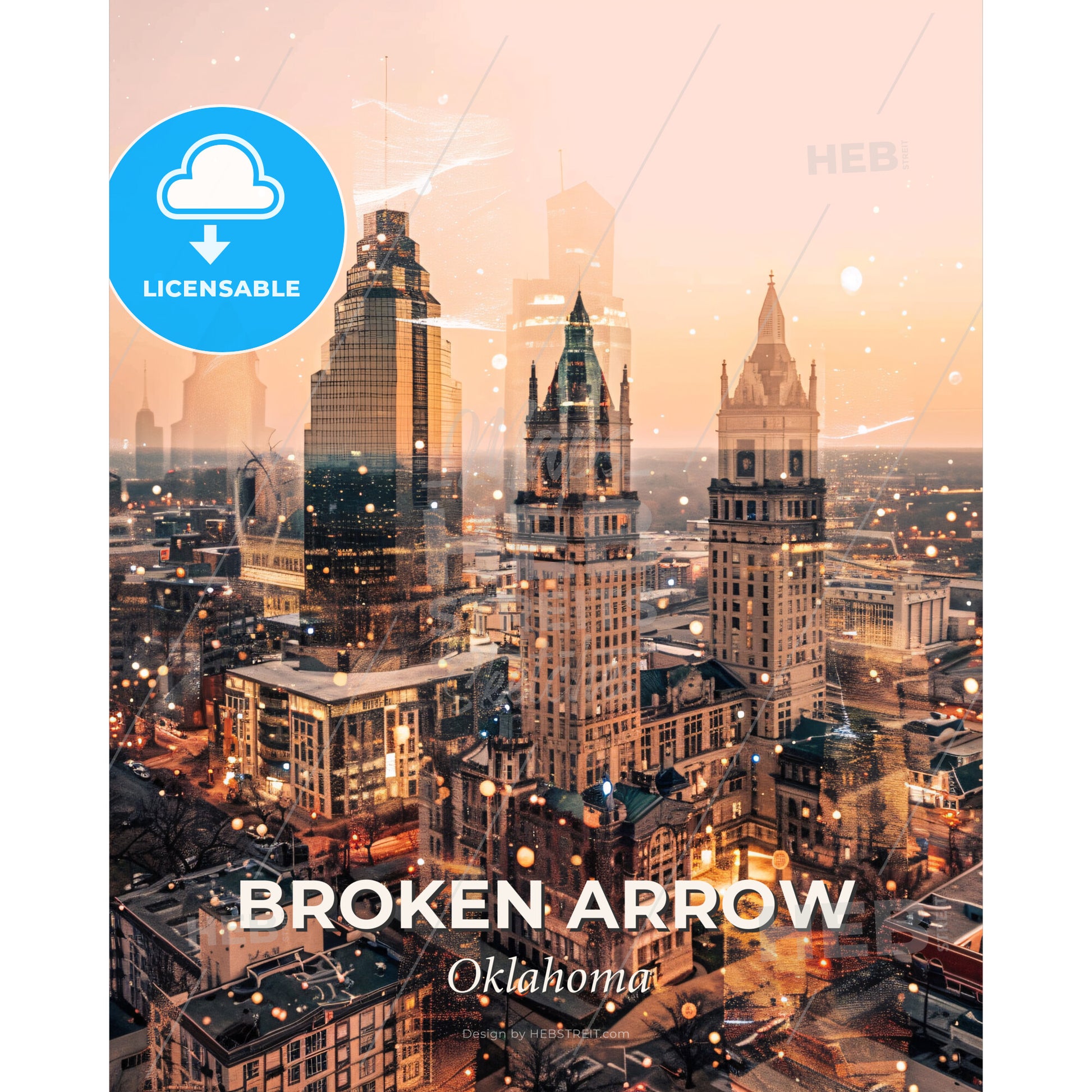 Broken Arrow Skyline Composite Art Poster - A city with many tall buildings - Square format print template