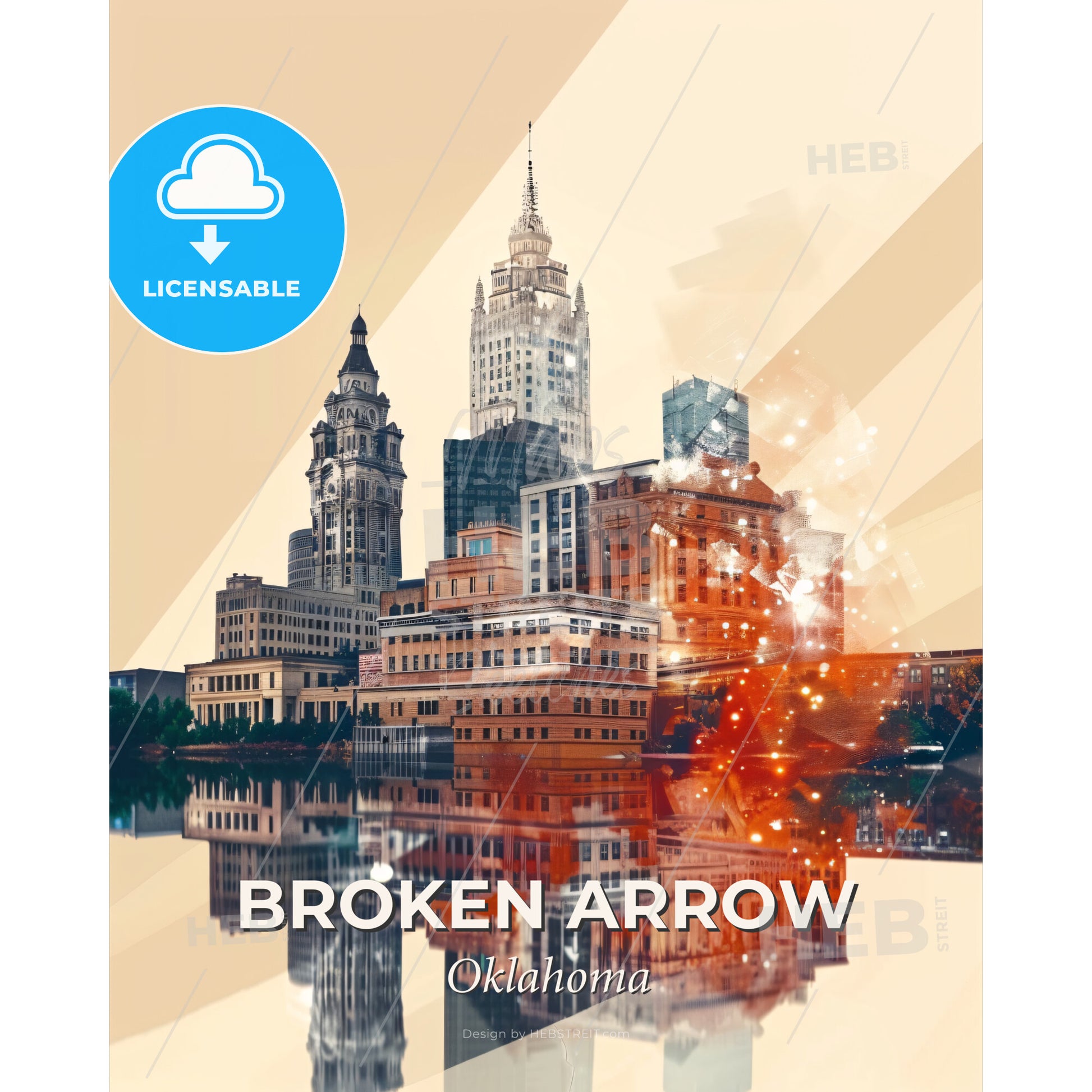 Broken Arrow Cityscape Silhouette Composite - A city skyline with many buildings reflected in water - Square format print template