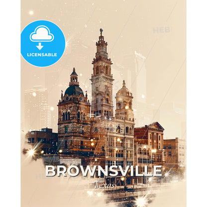 Brownsville Skyline Icons Art Poster - A building with a tower and a street light - Square format print template