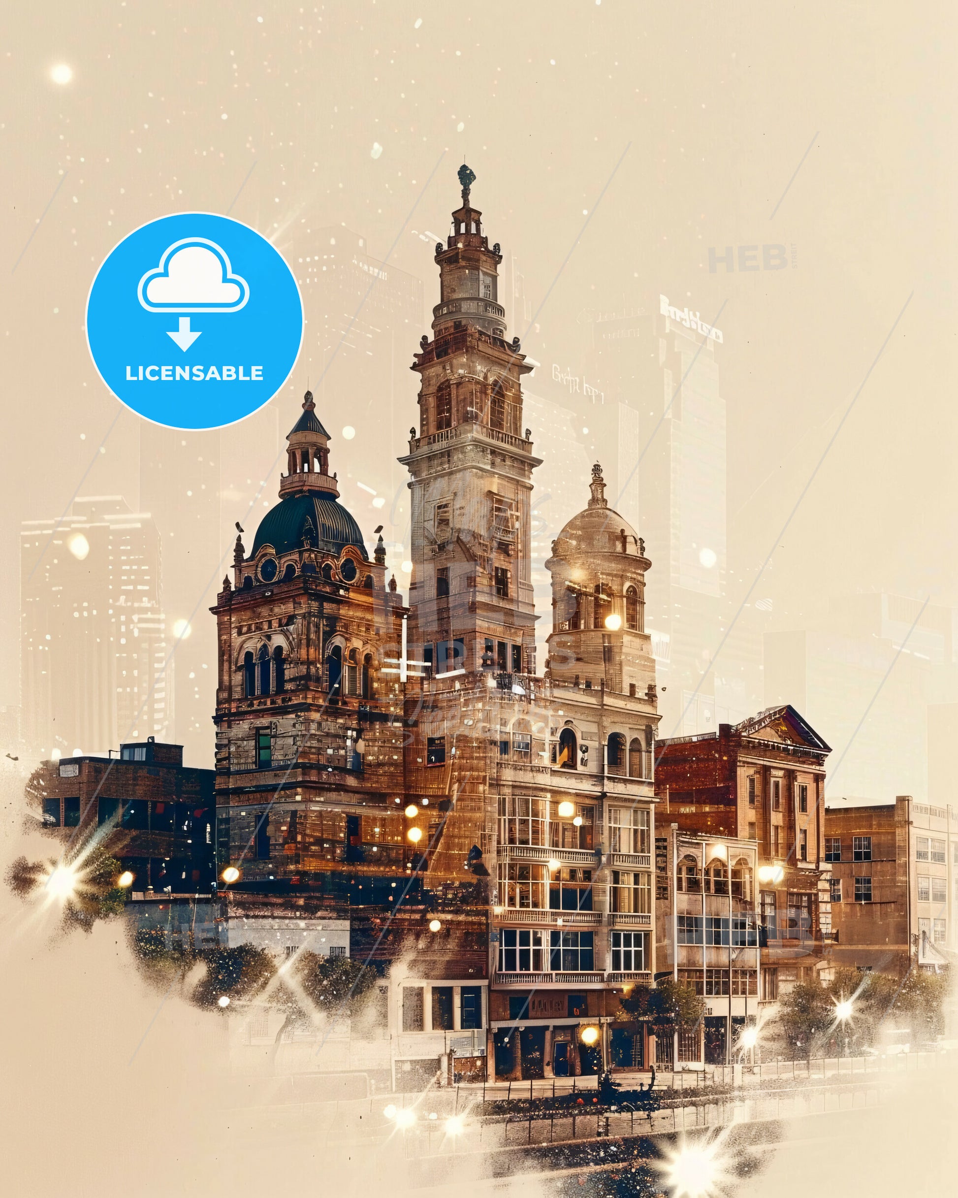 Brownsville Skyline Icons Art Poster - A building with a tower and a street light