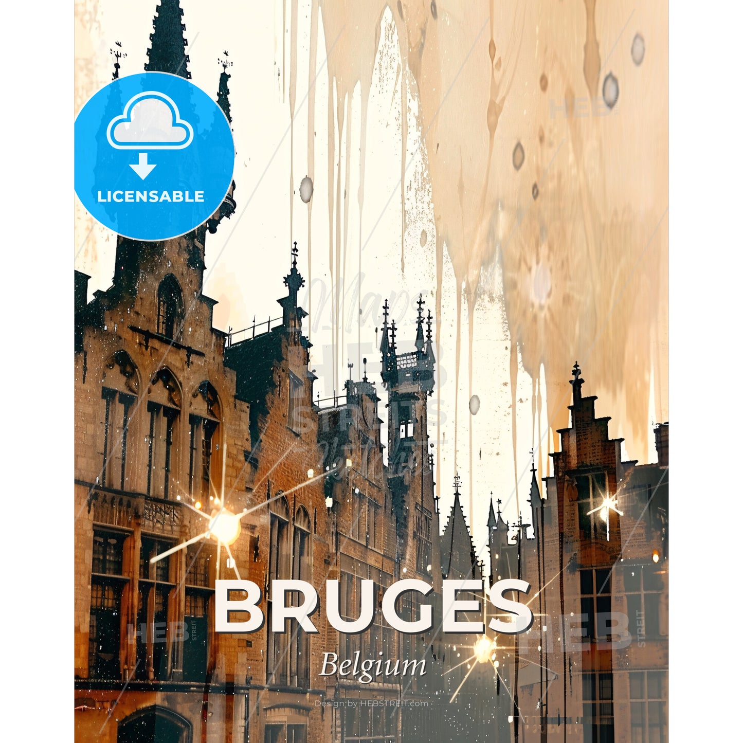 Bruges Skyline Composite Poster Art Bright Beige - A building with towers and lights - Square format print template