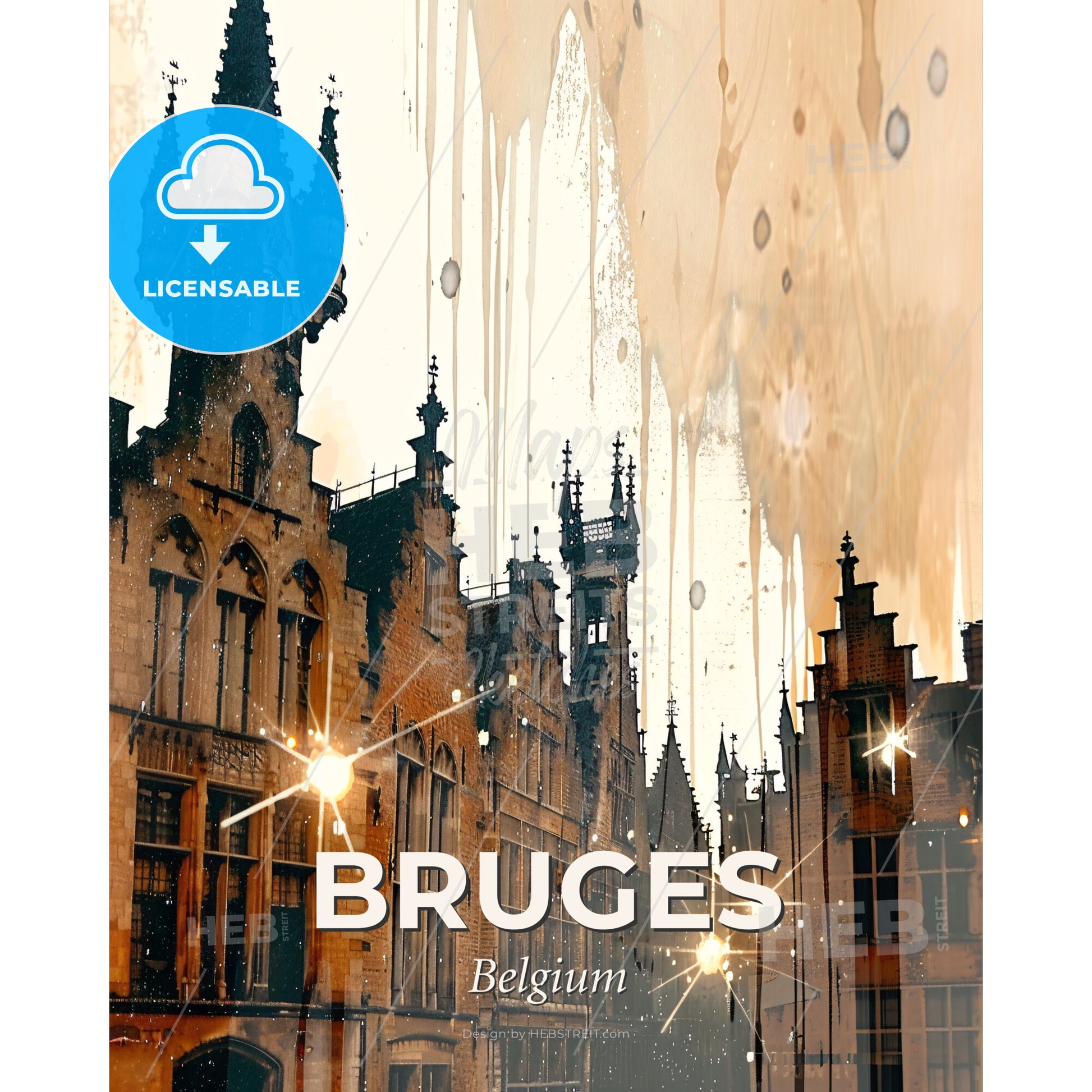 Bruges Skyline Composite Poster Art Bright Beige - A building with towers and lights - Square format print template