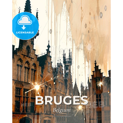Bruges Skyline Composite Poster Art Bright Beige - A building with towers and lights - Square format print template