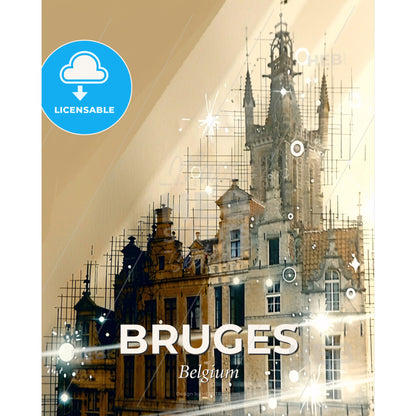 Bruges Double Exposure Skyline Artwork Poster - A building with a tower - Square format print template
