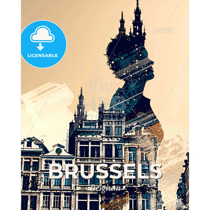 Brussels Skyline Double Exposure Art Poster - A double exposure of a woman's head with a crown on her head - Square format print template