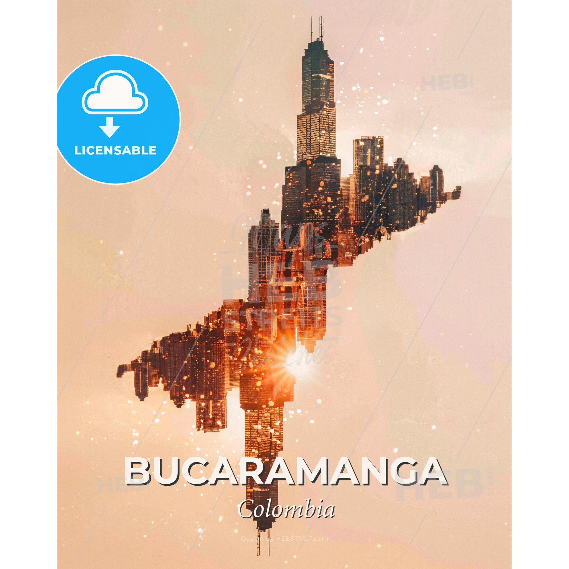 Bucaramanga Skyline Composite Art Poster - A city with a rising sun - Square format print template