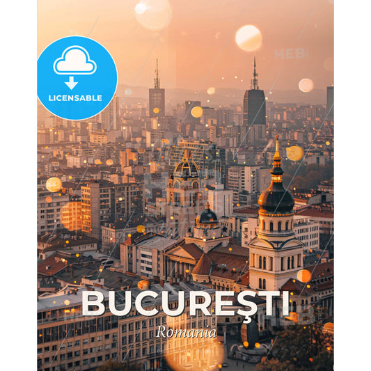 Bucharest: Double Exposure Cityscape Symphony - A city with many buildings - Square format print template