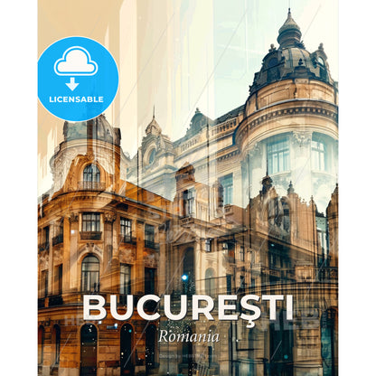 Bucharest Skyline Composite Art in Beige - A building with many windows - Square format print template