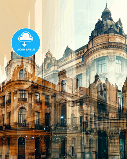 Bucharest Skyline Composite Art in Beige - A building with many windows