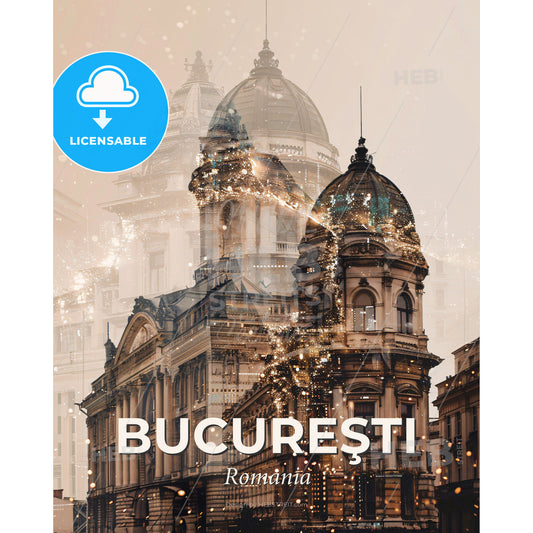 Bucharest City Skyline Local Icons Art Print - A double exposure of a building - Square format print template