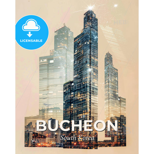 Bucheon Skyline Cityscape Composite Art Poster - A group of tall buildings - Square format print template