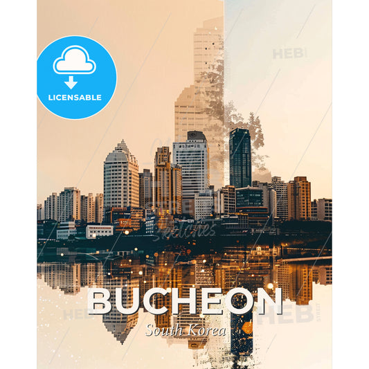 Bucheon Skyline Double Exposure Sparkle Poster - A city skyline with a reflection of a tall building - Square format print template