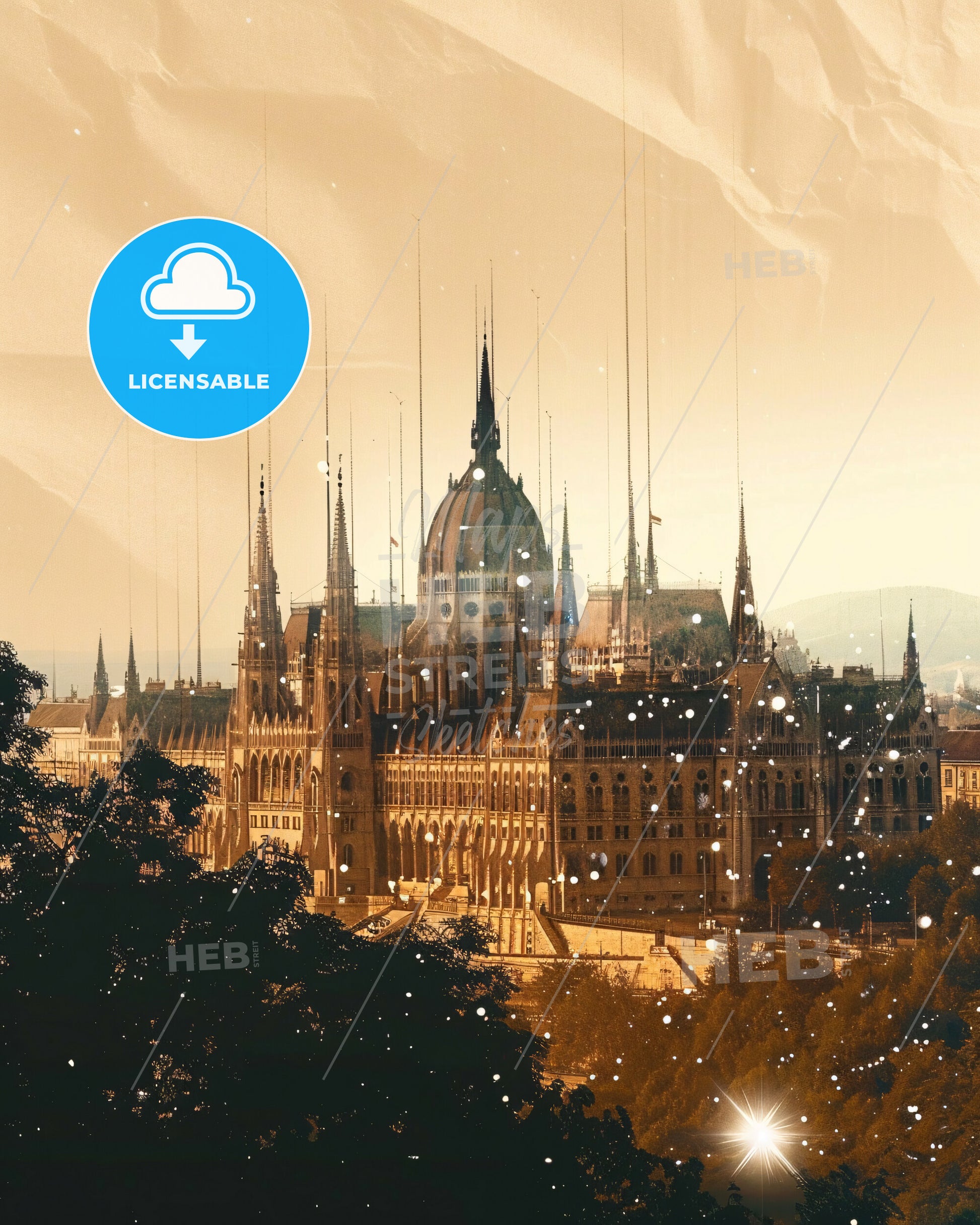 Budapest Skyline Double Exposure Composite Art - A large building with a dome and spires