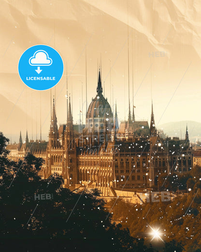 Budapest Skyline Double Exposure Composite Art - A large building with a dome and spires